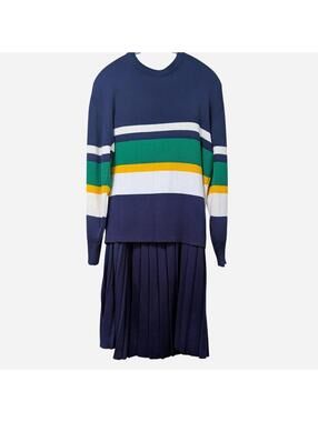 80s Navy Color Block Stripe Knit Sweater And Pleated Skirt 2 Piece Set VTG Med
